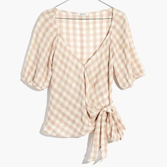 Madewell Tan Gingham Check Sweetheart Wrap Top Size Small - Picture 1 of 9